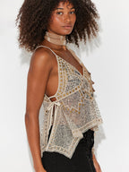 Orange Cami Top Straps Neck Sequins Beaded Chic Backless Camis For Women