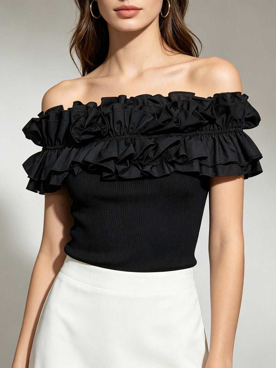 White Cami Top Off-The-Shoulder Pleated Ruffles Chic Camis For Women