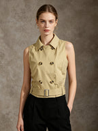 Blouse For Women Khaki Cotton Turndown Collar Academic Sash Buttons Sleeveless Tops