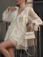 Shirt For Women White Ruffles V-Neck Elegant Long Sleeves Tops