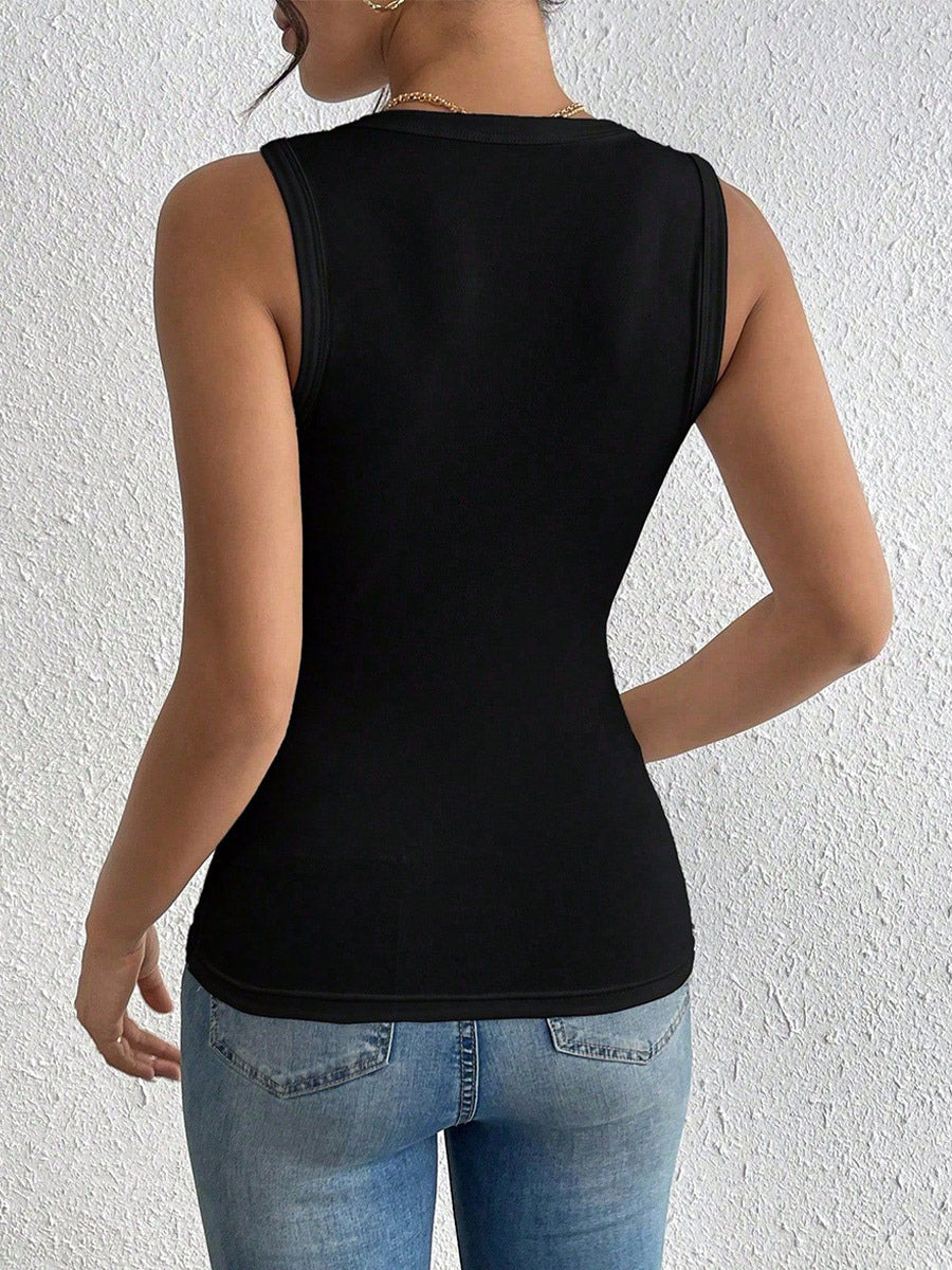 Black Cami Top Jewel Neck Flowers Chic Camis For Women
