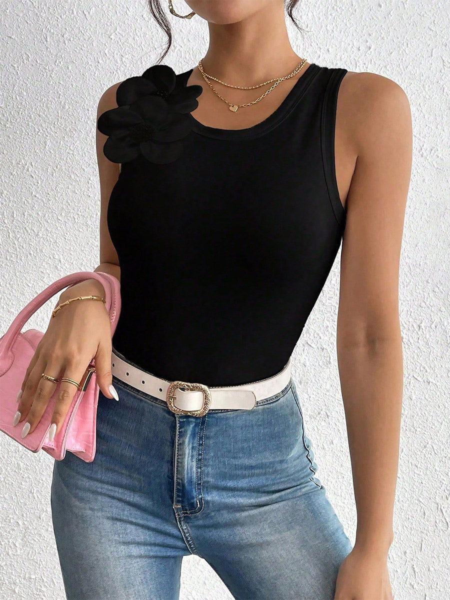 Black Cami Top Jewel Neck Flowers Chic Camis For Women