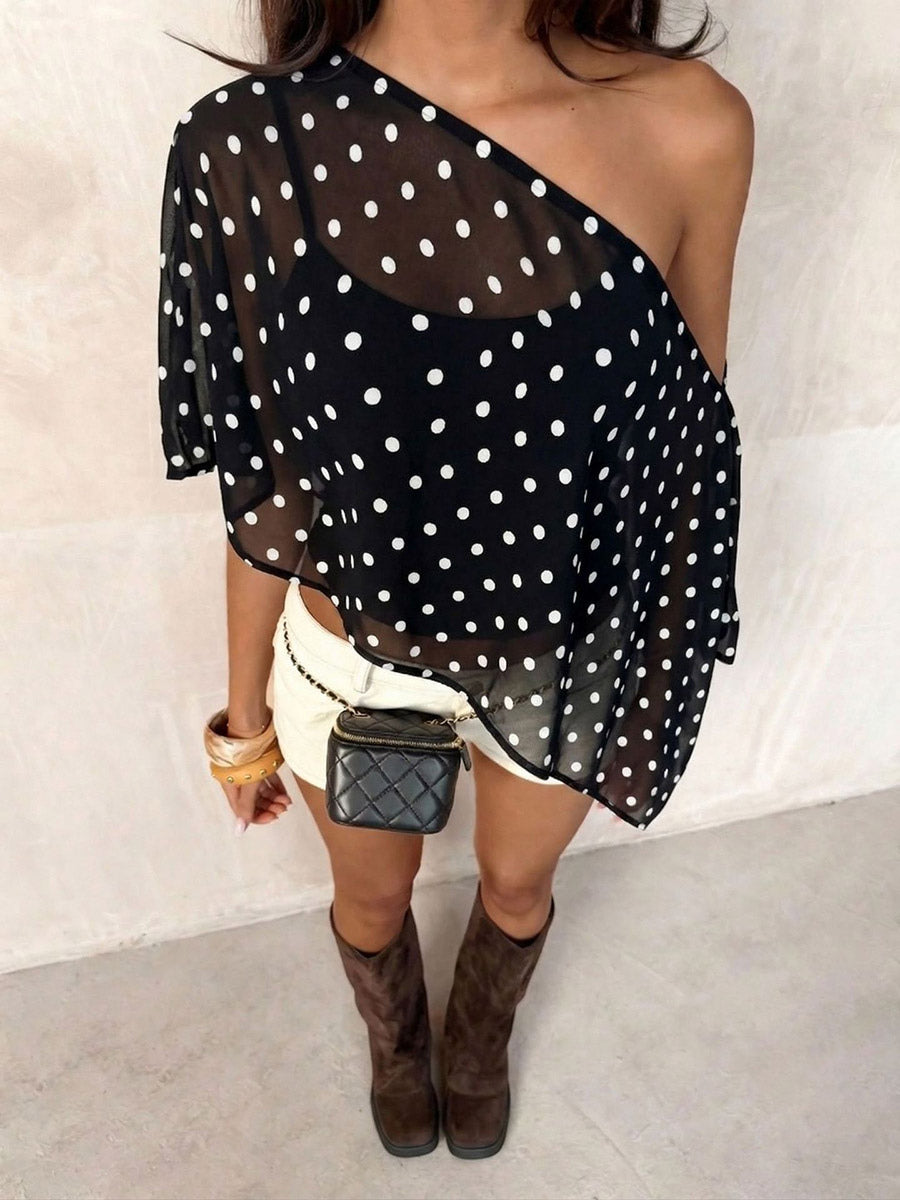 Black Cami Top Notched Neckline Polka Dot Chic Asymmetrical Camis For Women