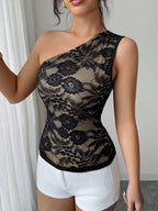 Black Cami Top Notched Neckline Floral Print Lace Casual Nylon Camis For Women