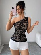 Black Cami Top Notched Neckline Floral Print Lace Casual Nylon Camis For Women