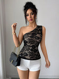 Black Cami Top Notched Neckline Floral Print Lace Casual Nylon Camis For Women