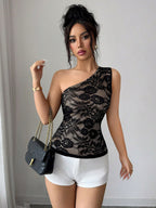 Black Cami Top Notched Neckline Floral Print Lace Casual Nylon Camis For Women