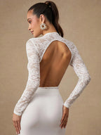Women Crop Top White Nylon Lace Jewel Neck Long Sleeves Chic Tops