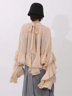 Blouse For Women Salmon Clothes Ruffles Pleated High Collar Chic Long Sleeves Tops