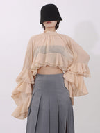 Blouse For Women Salmon Clothes Ruffles Pleated High Collar Chic Long Sleeves Tops