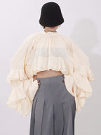 Blouse For Women Salmon Clothes Ruffles Pleated High Collar Chic Long Sleeves Tops