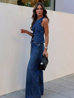 Two Piece Sets Blue Chic Street Wear Jewel Neck Sleeveless Pant Set