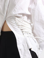 Blouse For Women Black Turndown Collar Chic Buttons Lace Up Long Sleeves Tops
