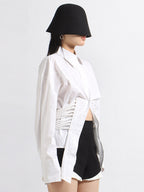 Blouse For Women Black Turndown Collar Chic Buttons Lace Up Long Sleeves Tops