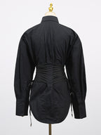 Blouse For Women Black Turndown Collar Chic Buttons Lace Up Long Sleeves Tops