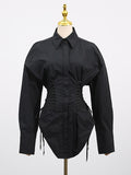 Blouse For Women Black Turndown Collar Chic Buttons Lace Up Long Sleeves Tops