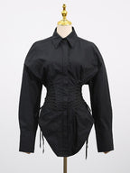 Blouse For Women Black Turndown Collar Chic Buttons Lace Up Long Sleeves Tops