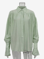 Shirt For Women Brown Turndown Collar Clothes Casual Pleated Buttons Long Sleeves Tops