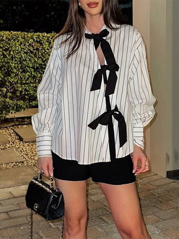 Blouse For Women White Turndown Collar Clothes Casual Bows Long Sleeves Tops
