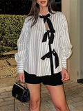 Blouse For Women White Turndown Collar Clothes Casual Bows Long Sleeves Tops