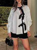 Blouse For Women White Turndown Collar Clothes Casual Bows Long Sleeves Tops