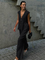 Two Piece Sets Black Daily Casual Cotton V-Neck Sleeveless Casual Pant Set