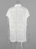Shirt For Women White Lace Up Stand Collar Casual 3/4 Length Sleeves Tops