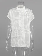 Shirt For Women White Lace Up Stand Collar Casual 3/4 Length Sleeves Tops