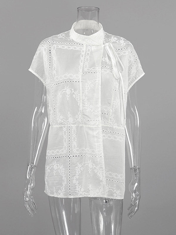 Shirt For Women White Lace Up Stand Collar Casual 3/4 Length Sleeves Tops