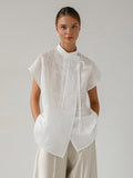 Shirt For Women White Lace Up Stand Collar Casual 3/4 Length Sleeves Tops
