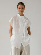 Shirt For Women White Lace Up Stand Collar Casual 3/4 Length Sleeves Tops