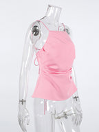 Pink Cami Top Straps Neck Pleated Backless Chic Women Camis