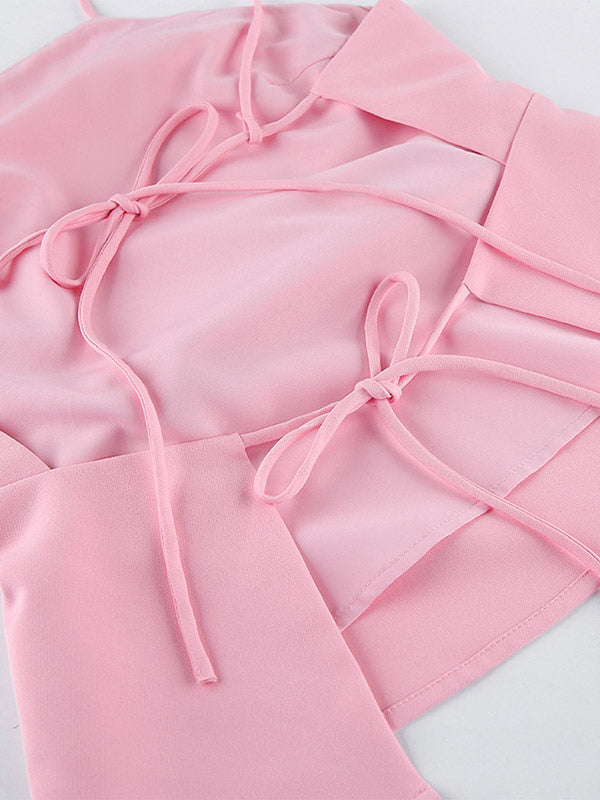 Pink Cami Top Straps Neck Pleated Backless Chic Women Camis