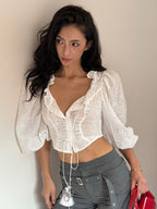 Blouse For Women White Lace Up V-Neck Chic Half Sleeves Cotton Tops