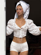 Blouse For Women White Lace Up V-Neck Chic Half Sleeves Cotton Tops