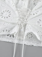Blouse For Women White Lace Up V-Neck Chic Half Sleeves Cotton Tops
