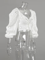 Blouse For Women White Lace Up V-Neck Chic Half Sleeves Cotton Tops