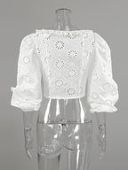 Blouse For Women White Lace Up V-Neck Chic Half Sleeves Cotton Tops