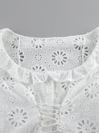 Blouse For Women White Lace Up V-Neck Chic Half Sleeves Cotton Tops