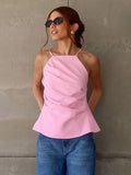 Pink Cami Top Straps Neck Pleated Backless Chic Women Camis