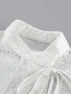 Shirt For Women White Lace Up Stand Collar Casual 3/4 Length Sleeves Tops