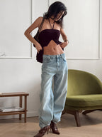 Brown Cami Top Halter Ruffles Lycra Spandex Backless Chic Camis For Women
