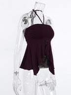 Brown Cami Top Halter Ruffles Lycra Spandex Backless Chic Camis For Women