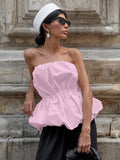 Pink Cami Top Strapless Pleated Sexy Backless Cotton Women Camis