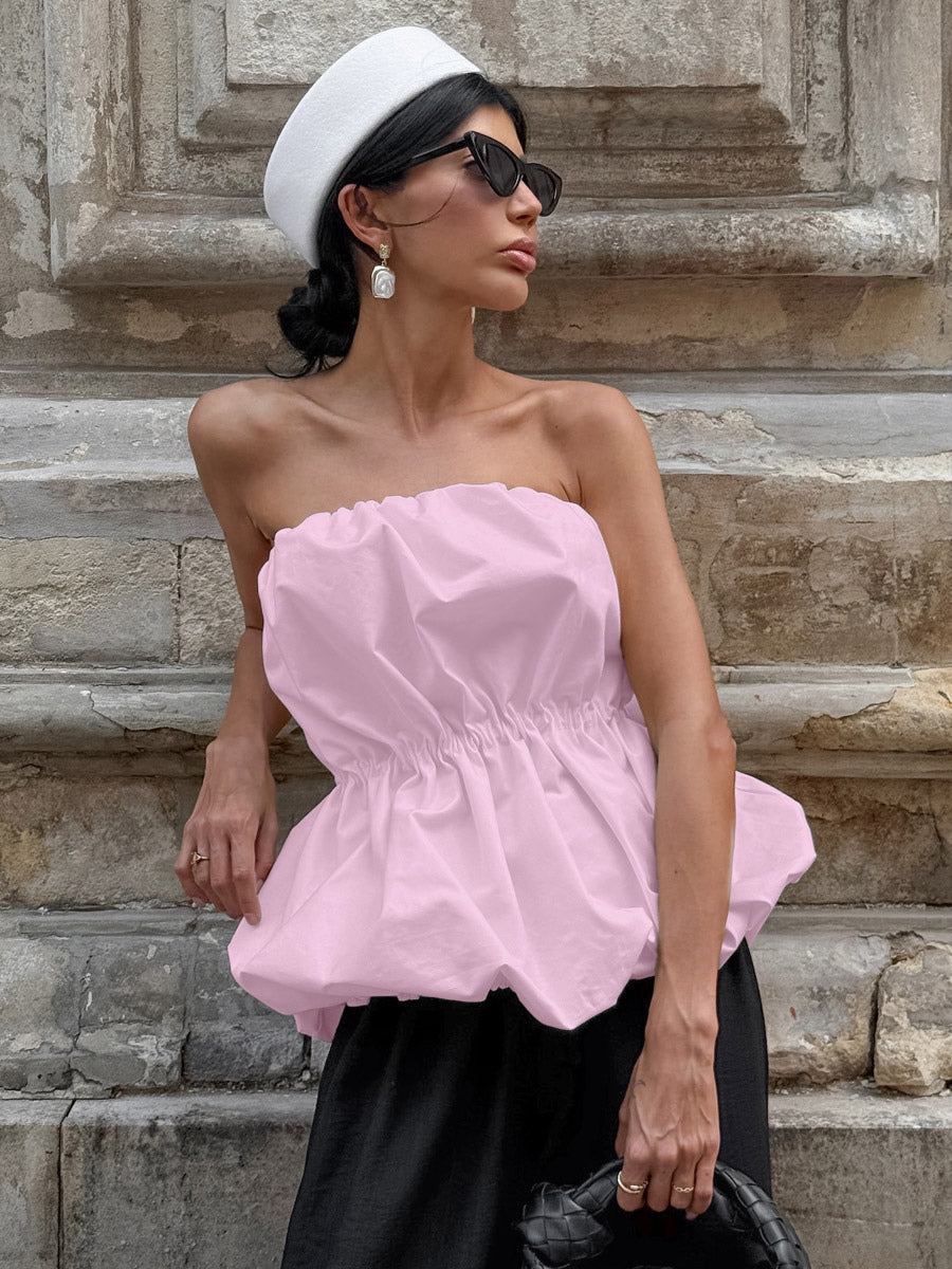 Pink Cami Top Strapless Pleated Sexy Backless Cotton Women Camis