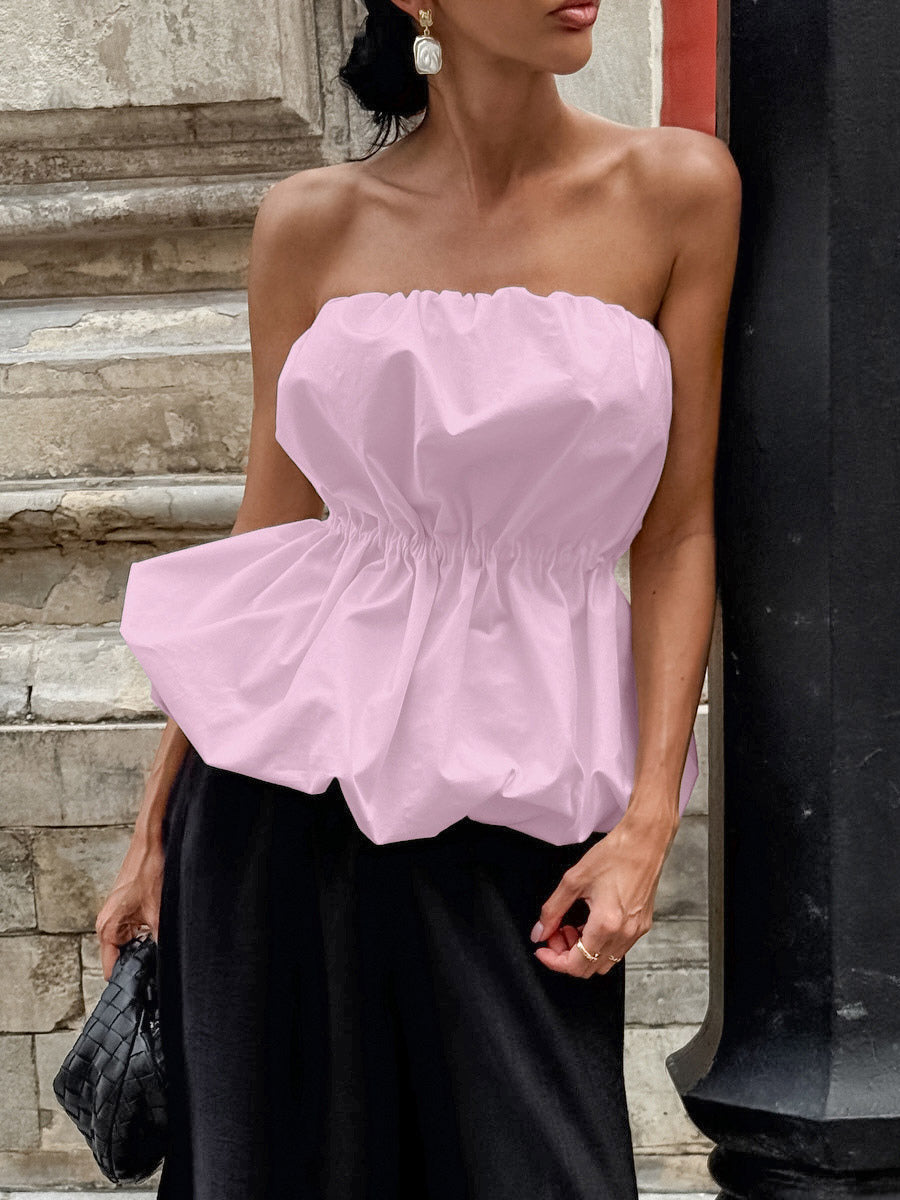 Pink Cami Top Strapless Pleated Sexy Backless Cotton Women Camis