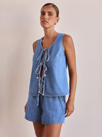 Two Piece Sets Blue Casual Street Wear Cotton Jewel Neck Sleeveless Pant Set