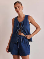 Two Piece Sets Blue Casual Street Wear Cotton Jewel Neck Sleeveless Pant Set
