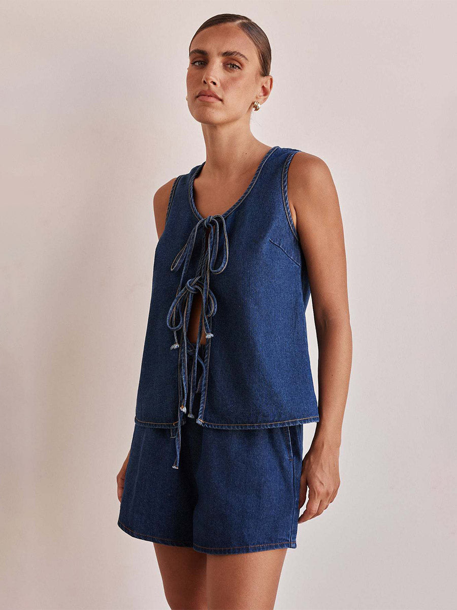 Two Piece Sets Blue Casual Street Wear Cotton Jewel Neck Sleeveless Pant Set