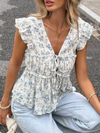 Shirt For Women Blue V-Neck Casual Lace Up Sleeveless Tops